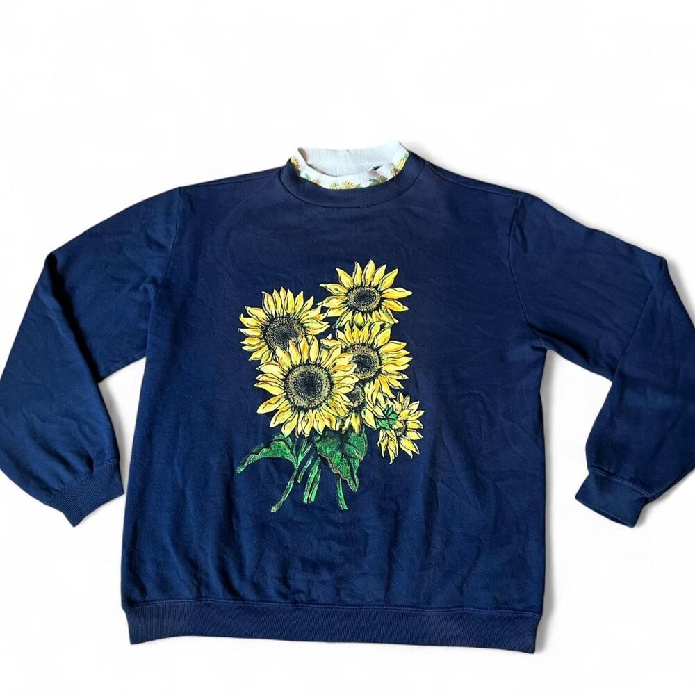 Vintage “Blair” 100% acrylic Navy blue glittery painted sunflower crewneck.